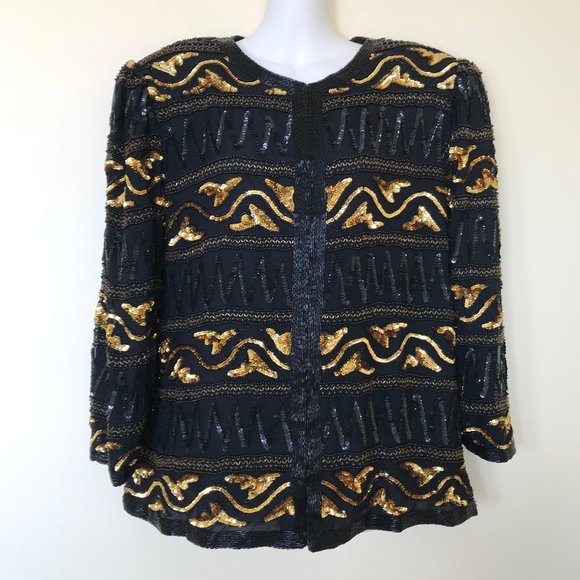Creative Creations Silk Fully Hand Beaded Jacket Top Black & Gold Ornate Sequin - Picture 1 of 6